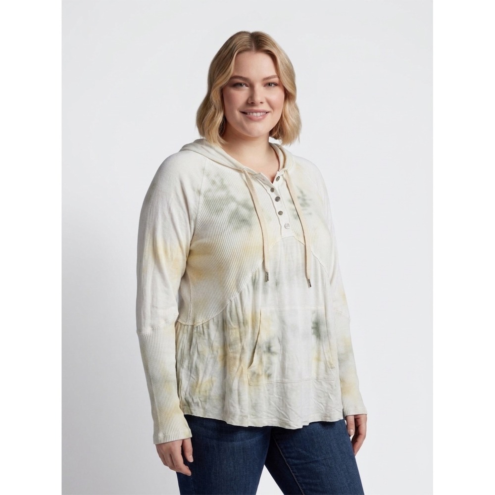 POL‎ Cream Tie Dye Ribbed Hooded Henley Tunic Top Size L Oversized Boho